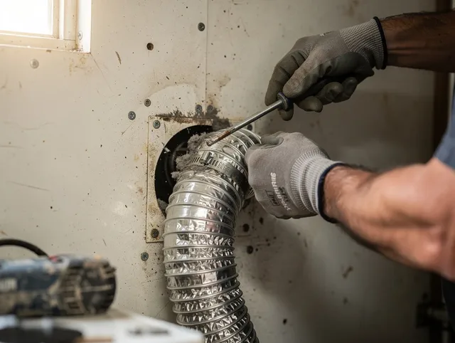 Glastonbury Dryer Vent Cleaning technician performing precise dryer vent hose installation in Glastonbury